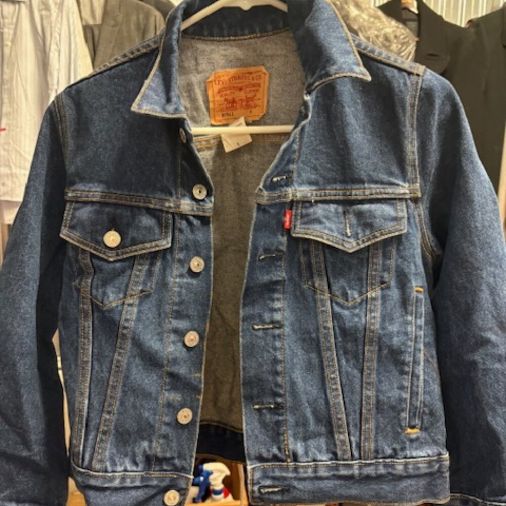 For women! One of a kind painted blue denim jean jacket.